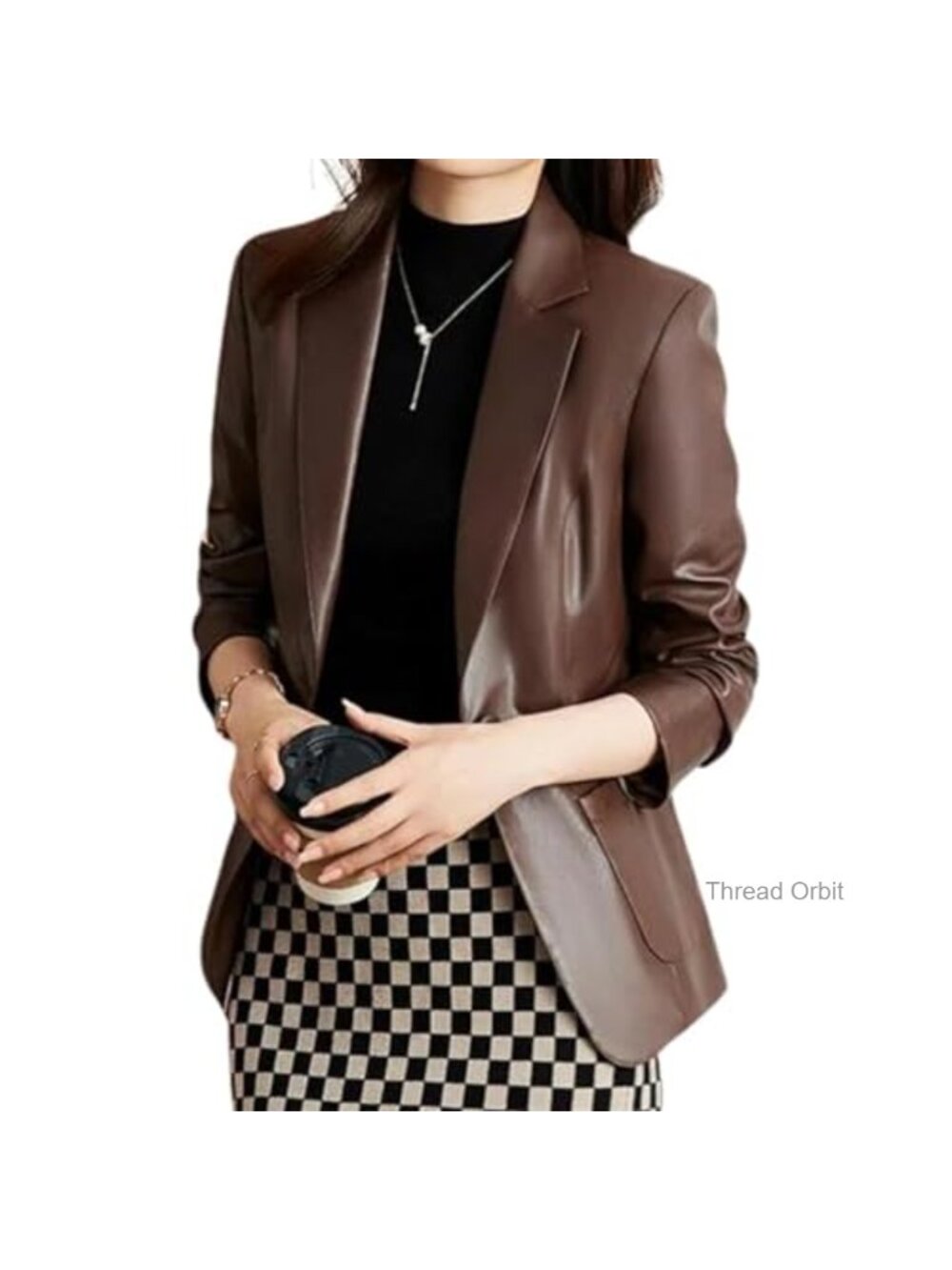Women's Lambskin Leather Blazer 2-Button Notch Lapel Long Sleeve Suit Jacket